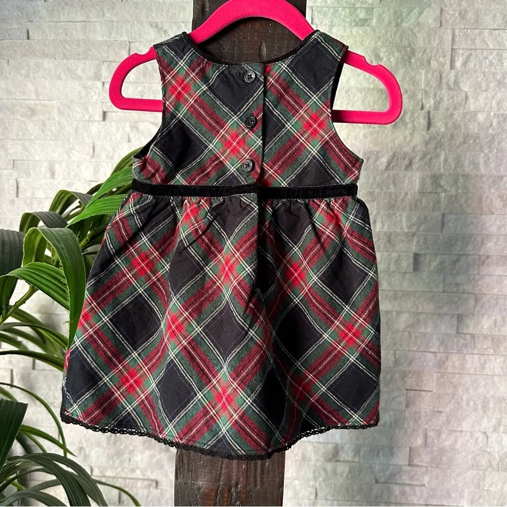 OSHKOSH Christmas Holiday Red Black Plaid Jumper Dress with Velvet Bow